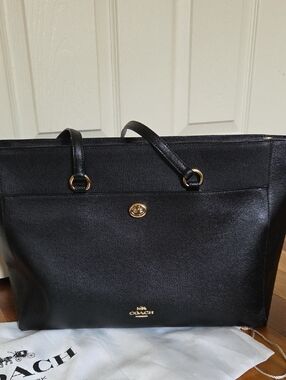 Coach Black Leather Tote with Gold Accents